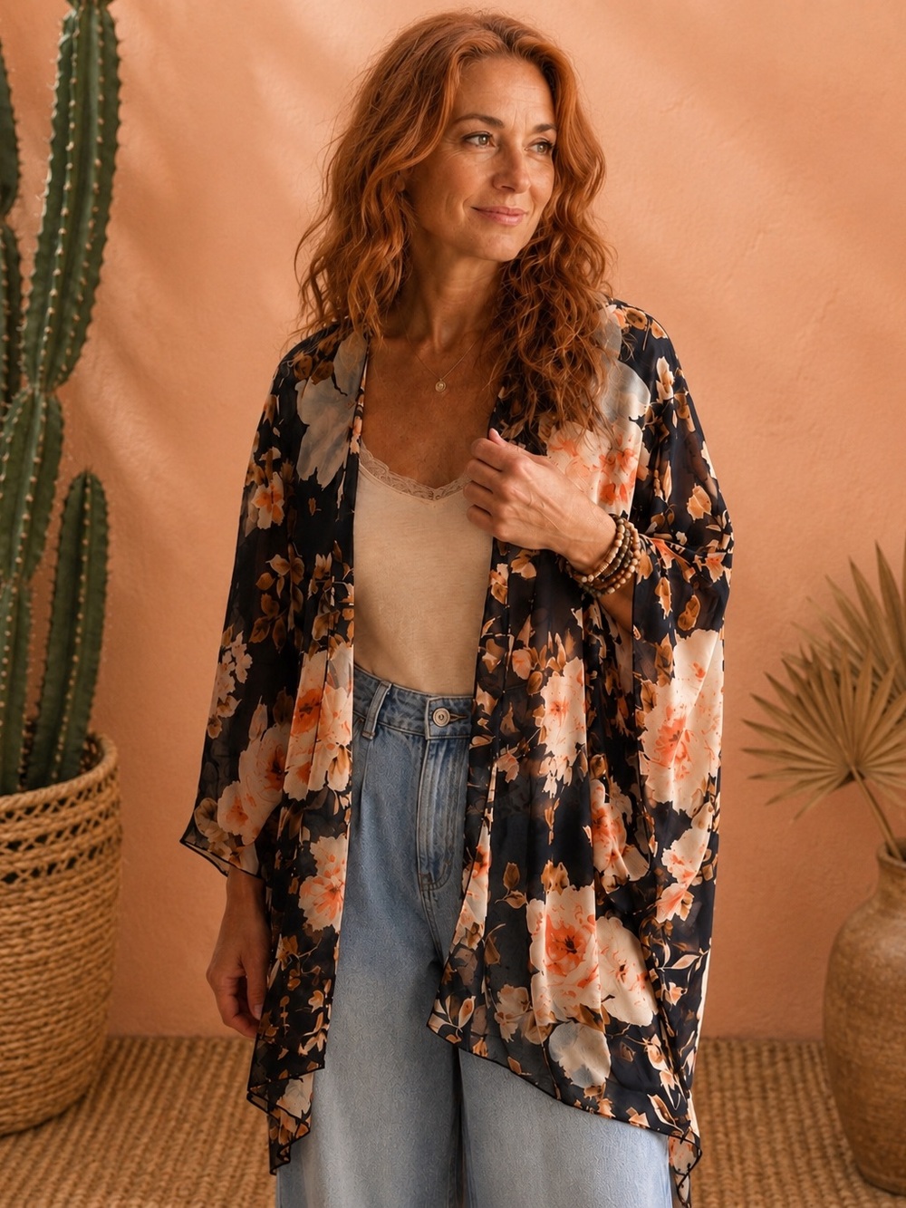 Floral Kimono | Sheer Navy Shawl | Boho Duster | Feminine Western Style